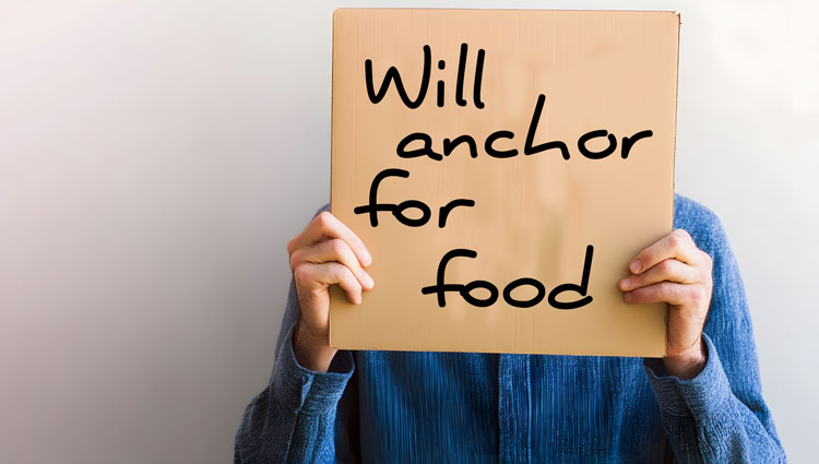 Man covering face with a cardboard sign that reads "Will anchor for food."