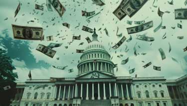 Tax dollars flying in the air on top of Capitol Building