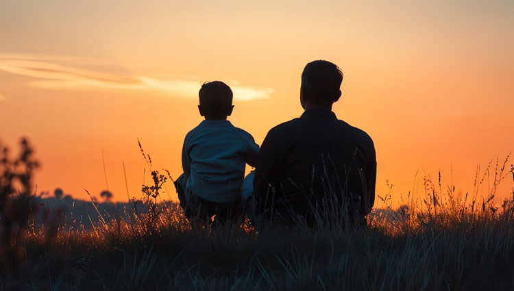 Father and son in the park admiring sunset