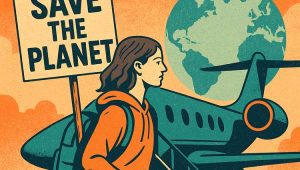Illustration of a young climate activist holding a "SAVE THE PLANET" sign while boarding a private jet, with a globe in the background — highlighting the contradiction between environmental messaging and high-carbon behavior.