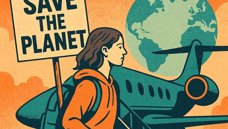 Illustration of a young climate activist holding a "SAVE THE PLANET" sign while boarding a private jet, with a globe in the background — highlighting the contradiction between environmental messaging and high-carbon behavior.