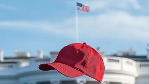 Red presidential cap with visor flying over the White House in the United States. Cap of a Republican politician.