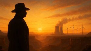 Silhouette of Theodore Roosevelt overlooking an American canyon at sunrise with wind turbines and a nuclear plant on the horizon, symbolizing conservation, progress, and patriotic stewardship