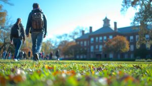 Students walking across a university campus on a bright autumn morning toward a historic academic building with sunlight.