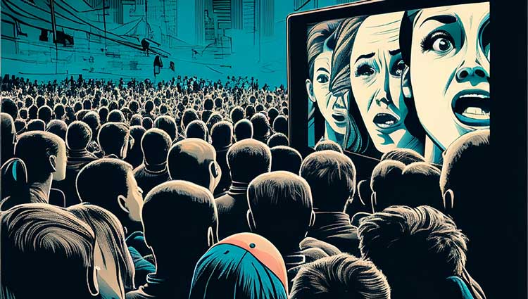 Crowd watching giant screen displaying fearful faces, symbolizing media-driven panic, emotional manipulation, and manufactured cultural chaos.